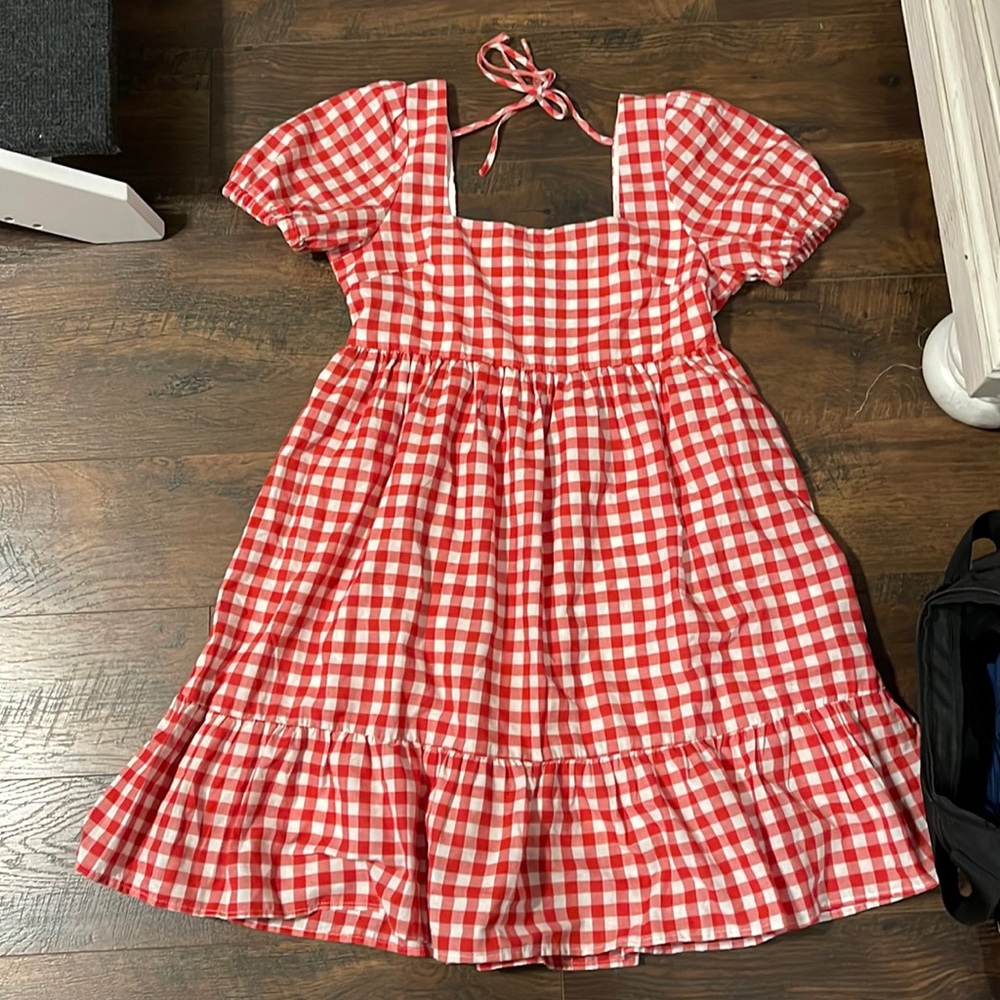 NWT Red gingham babydoll dress with puff sleeves and square neck